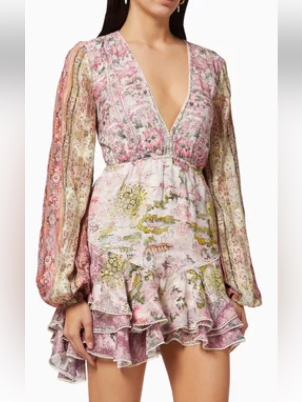 HEMANT & NANDITA Maya Cotton Paisley Floral Long Sleeve Mini Dress S Large